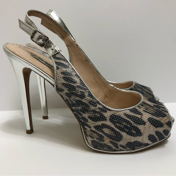 Silver Leopard Platform Slingback Heels Size 5 M - Picture 4 of 7